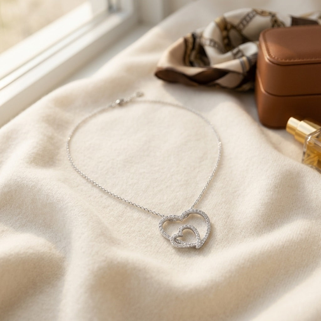 Diamond Pave Double Heart Pendant in 14K White Gold - flat lay