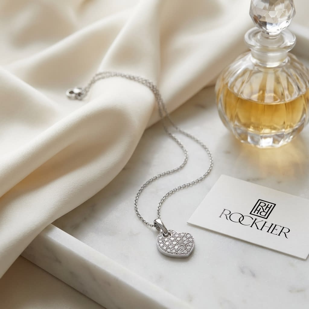 Natural Diamond Heart Shape Pendant in 14K White Gold, 6 ct. t.w., on marble vanity tray with silk