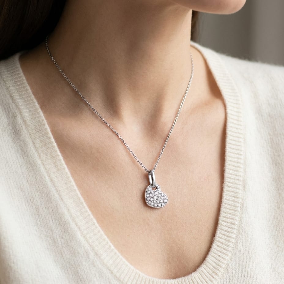 Natural Diamond Heart Shape Pendant in 14K White Gold, 6 ct. t.w., worn close-up portrait