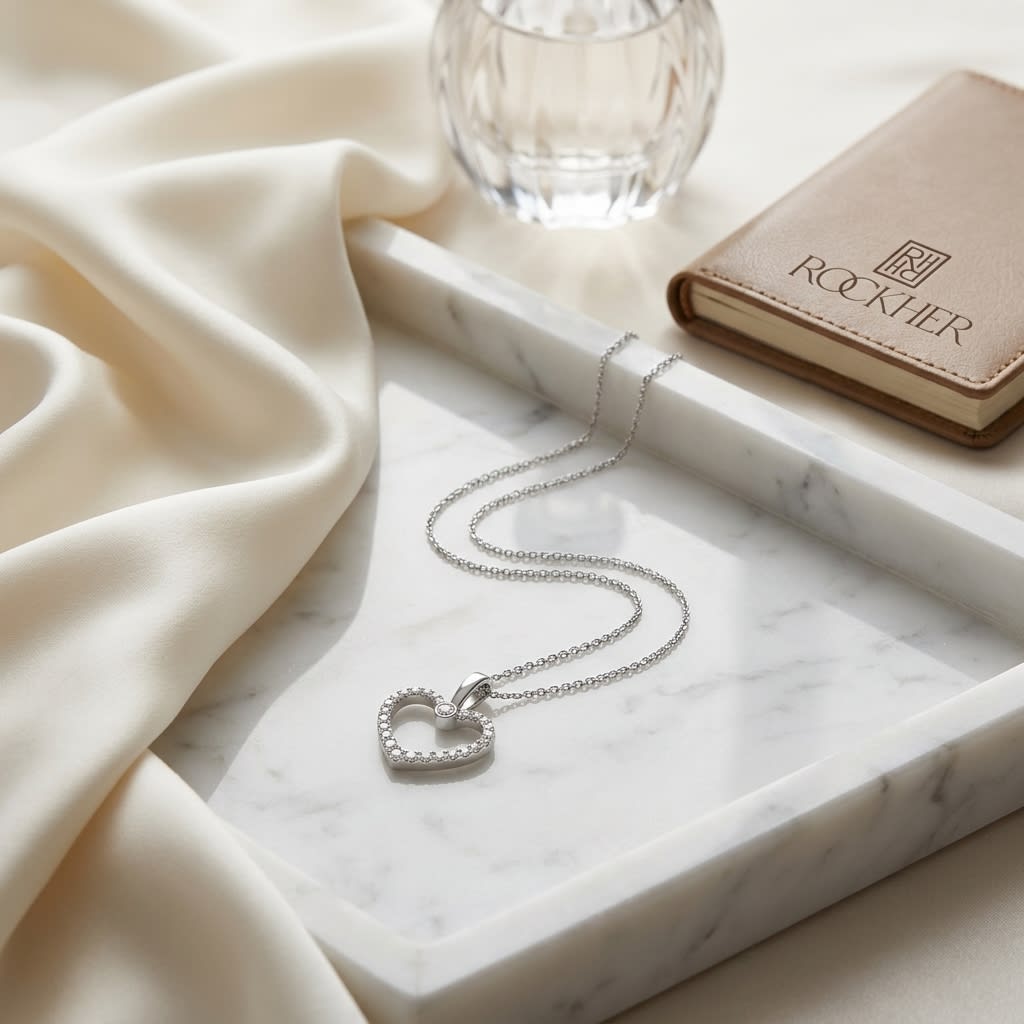 Natural Diamond Heart Shape Pendant in 14K White Gold, 4 ct. t.w., on marble vanity tray with silk