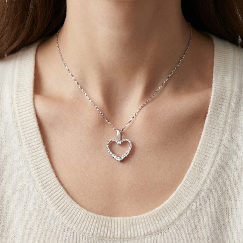 Natural Diamond Heart Shape Pendant in 14K White Gold, 4 ct. t.w., worn close-up portrait