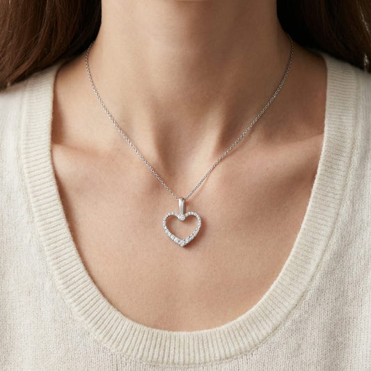 Natural Diamond Heart Shape Pendant in 14K White Gold, 4 ct. t.w., worn close-up portrait