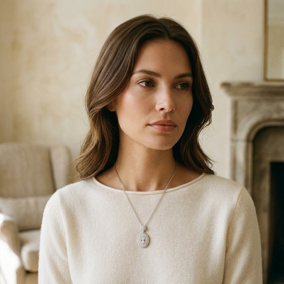 Diamond Oval Halo Dangle Pendant , 17 Inch Chain in 14K White Gold - editorial