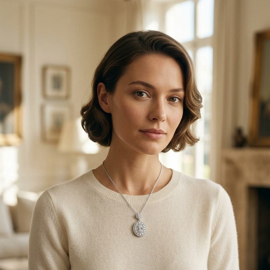 Diamond Oval Halo Dangle Pendant , 17 Inch Chain in 14K White Gold - on model