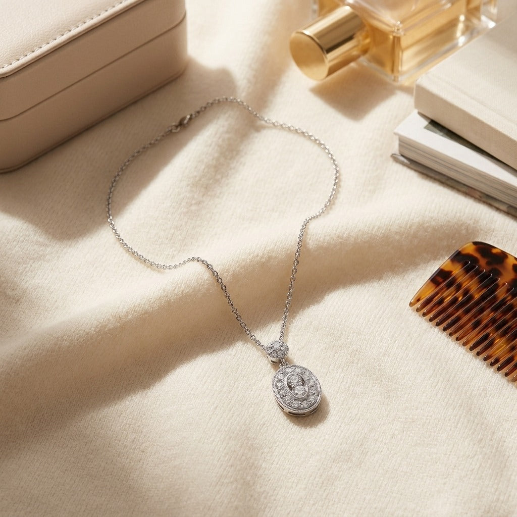 Diamond Oval Halo Dangle Pendant , 17 Inch Chain in 14K White Gold - flat lay