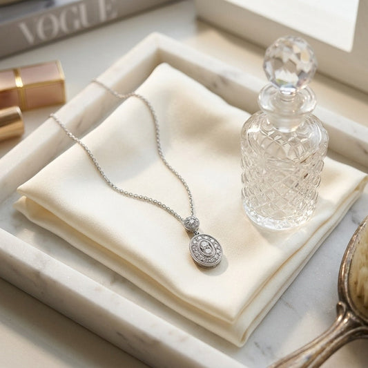 Diamond Oval Halo Dangle Pendant 0.33ctw 18 Inch Curb Chain in 14K White Gold - editorial
