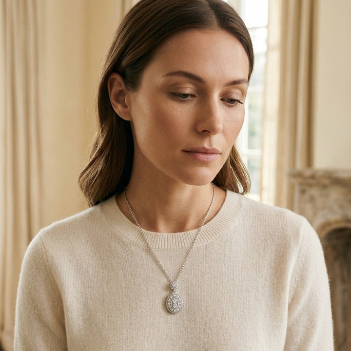 Diamond Oval Halo Dangle Pendant 0.33ctw 18 Inch Curb Chain in 14K White Gold - lifestyle