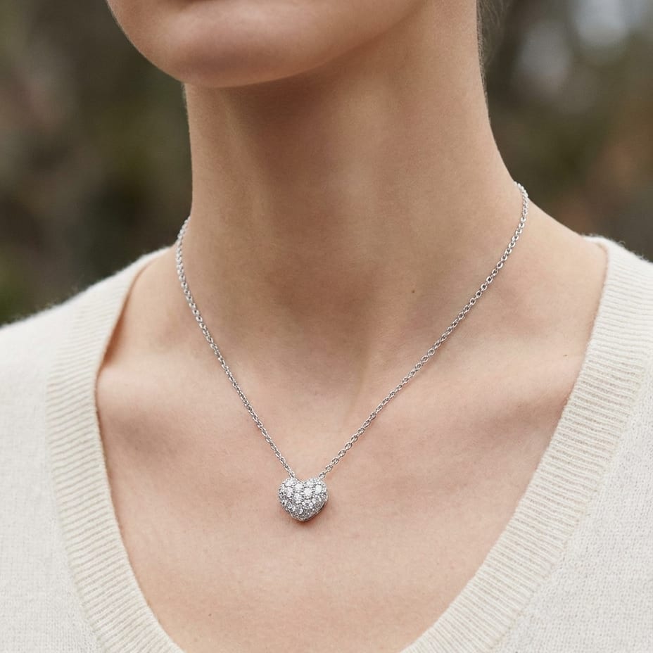 Natural Diamond Heart Shape Pendant in 14K White Gold, 4 ct. t.w., worn close-up portrait