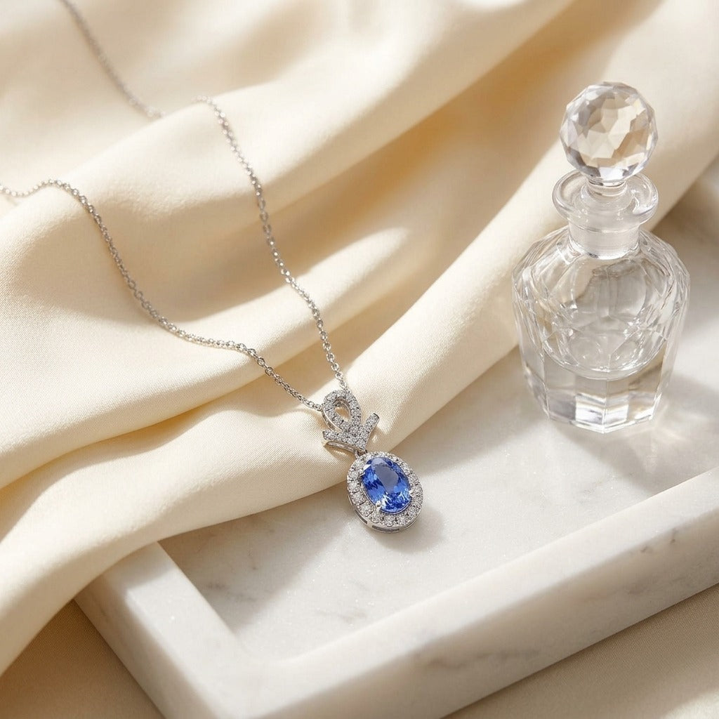 Sapphire Oval & Pave Diamond Halo Pendant in 14K White Gold - lifestyle