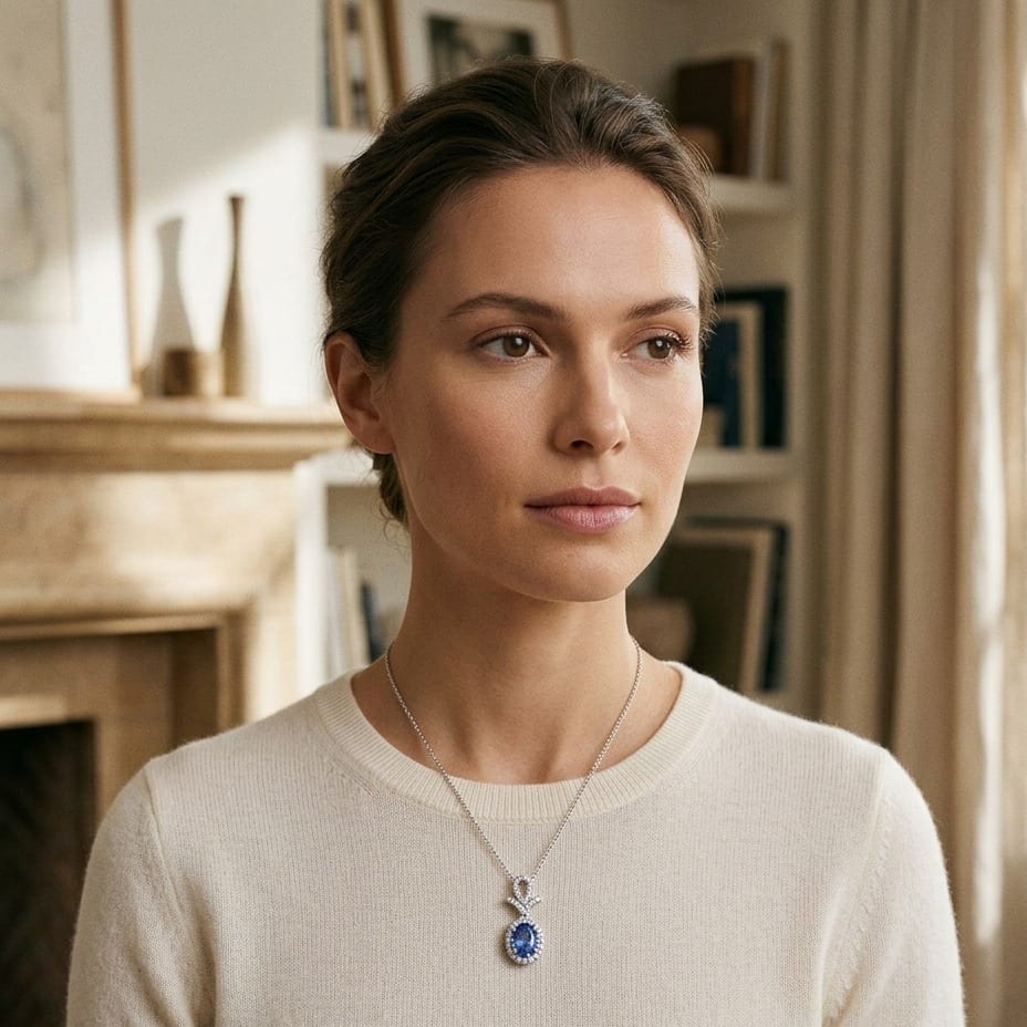 Sapphire Oval & Pave Diamond Halo Pendant in 14K White Gold - editorial
