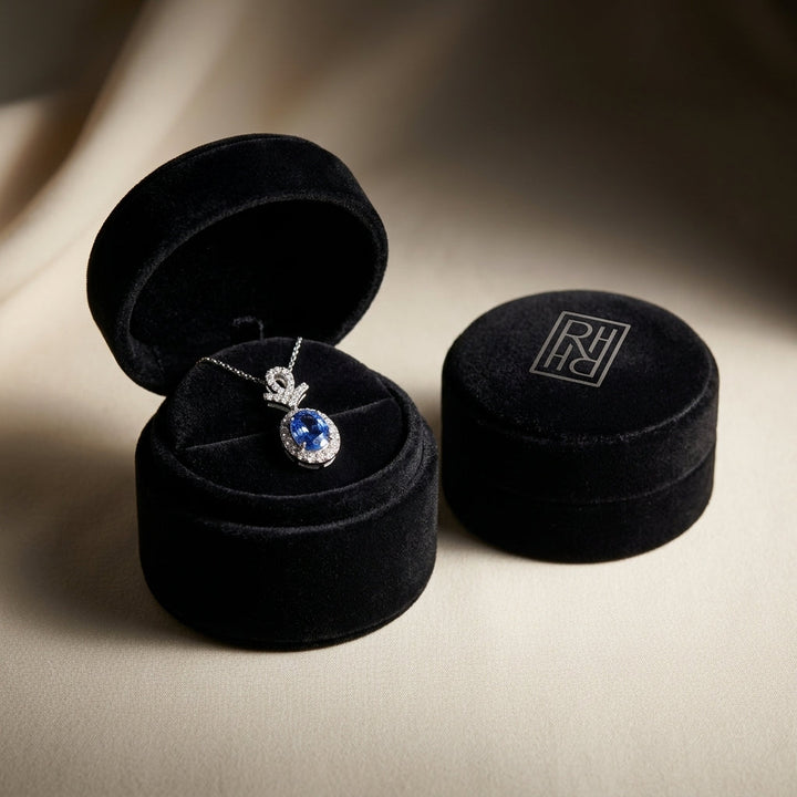 Sapphire Oval & Pave Diamond Halo Pendant in 14K White Gold - presentation