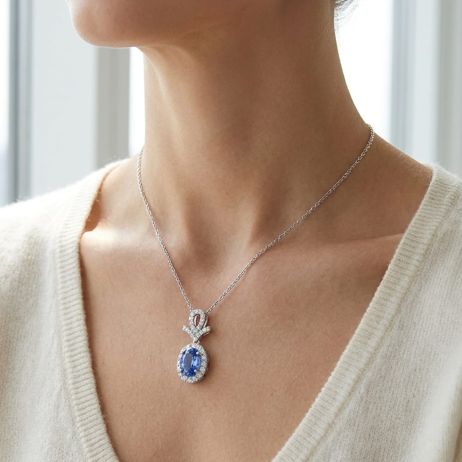 Sapphire Oval Halo Pendant in 14K White Gold, worn close-up portrait