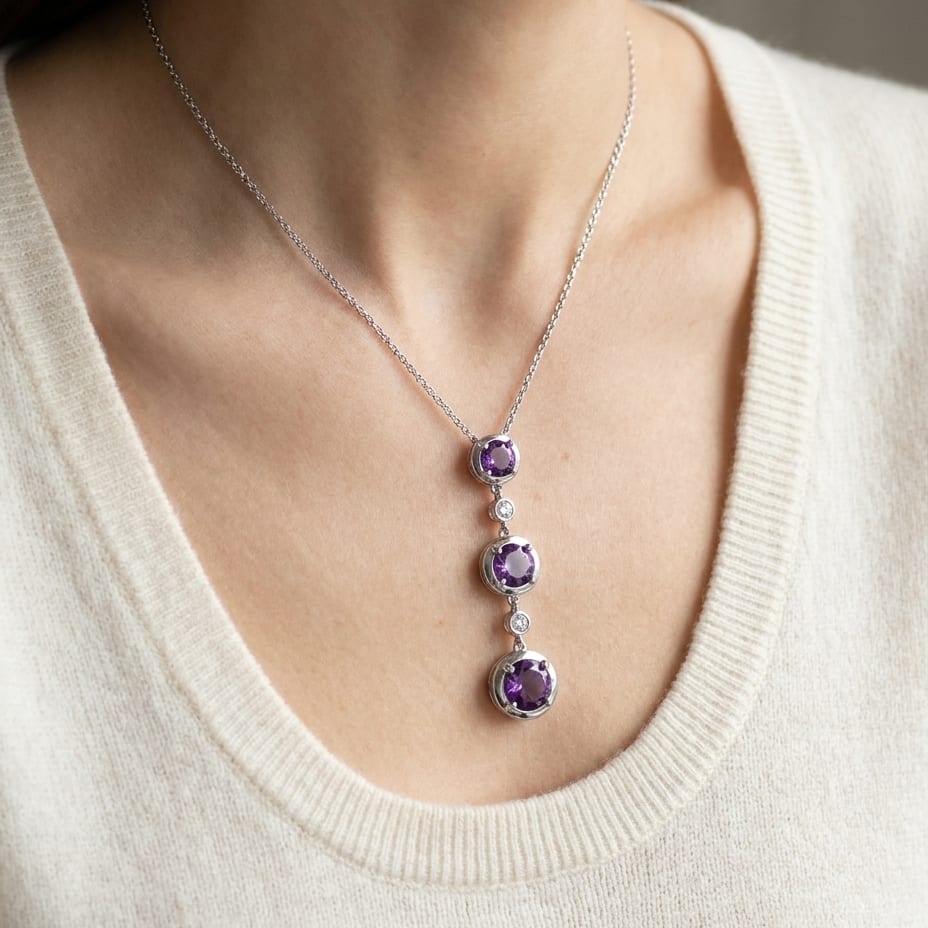 Amethyst Pendant in 14K White Gold, worn close-up portrait