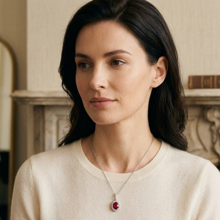 Ruby Oval & Diamond Halo Pendant in 14K White Gold - lifestyle