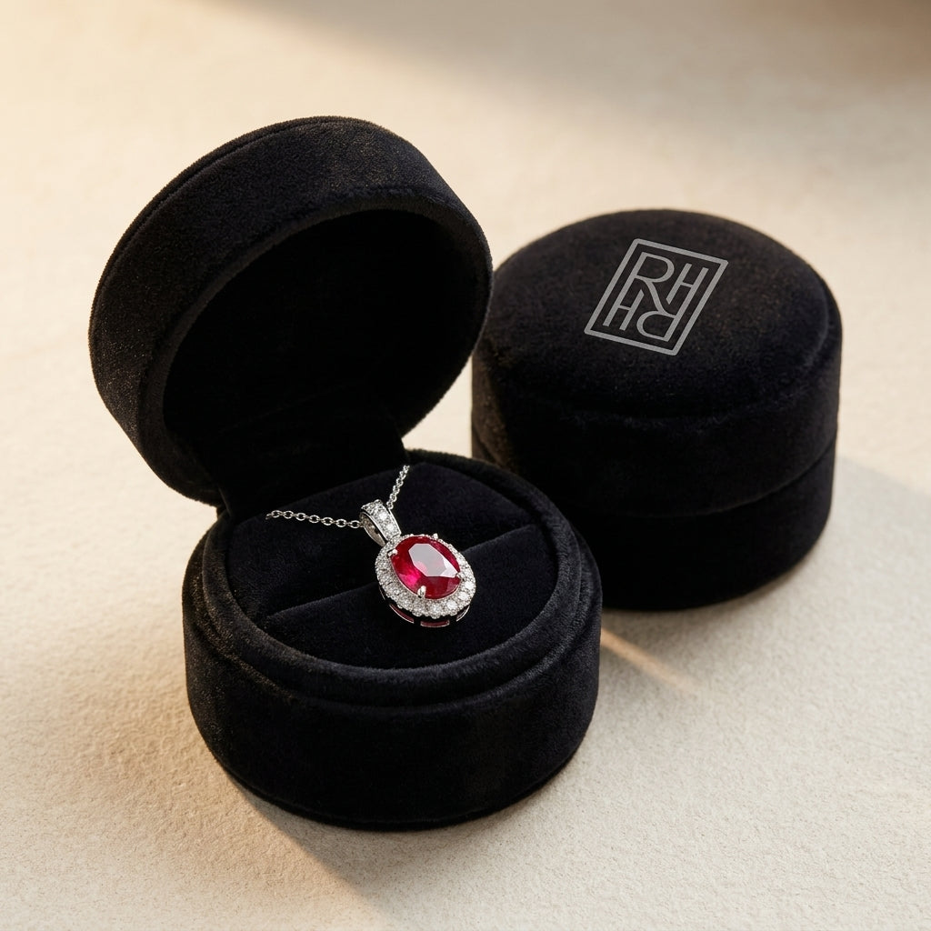 Ruby Oval & Diamond Halo Pendant in 14K White Gold - presentation