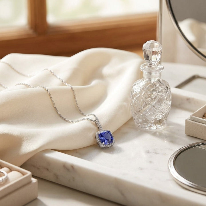 Cushion Tanzanite & Diamond Pave Pendant in 14K White Gold - lifestyle