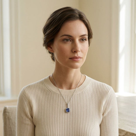 Cushion Tanzanite & Diamond Pave Pendant in 14K White Gold - editorial