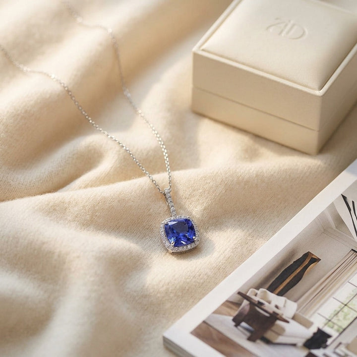 Cushion Tanzanite & Diamond Pave Pendant in 14K White Gold - flat lay