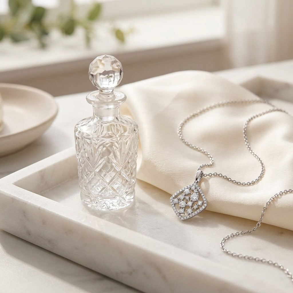Floating Diamond Round Pendant with Diamond Shaped Border in 14K White Gold - lifestyle