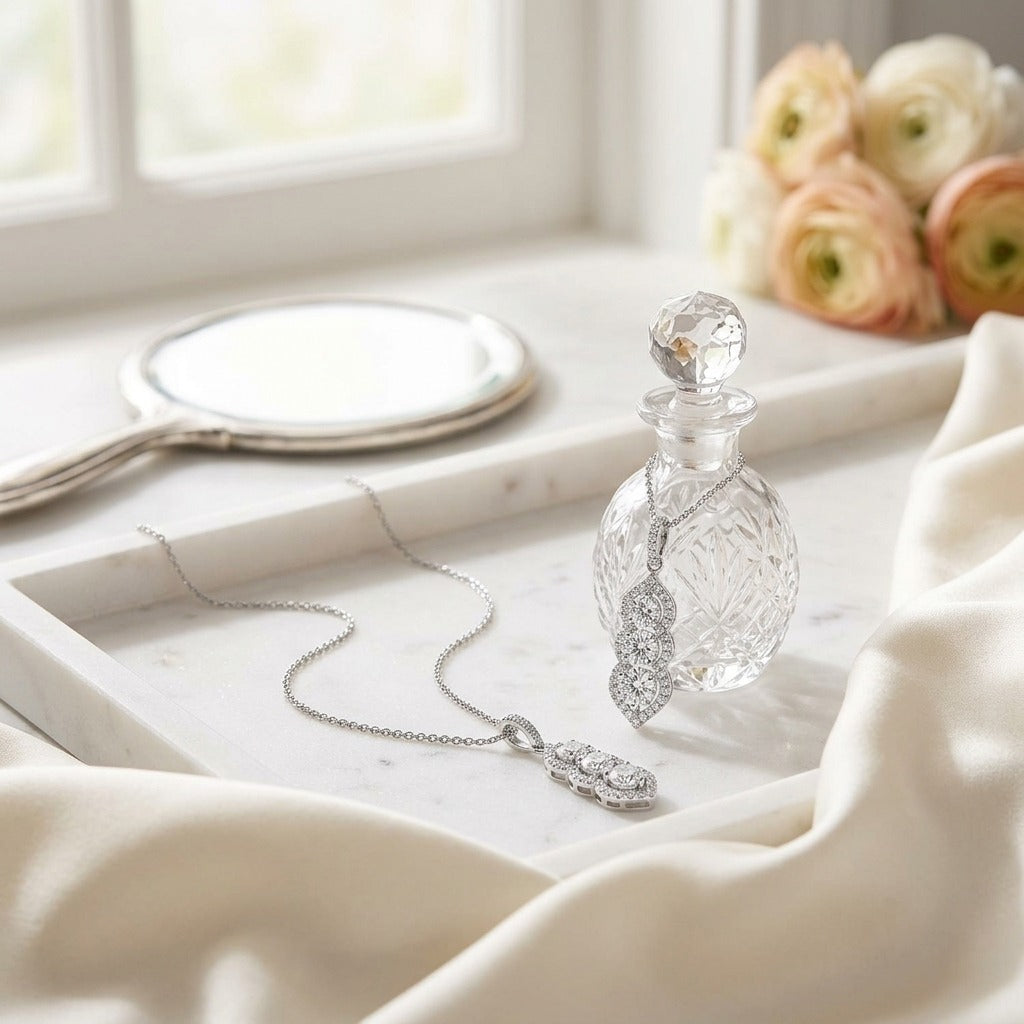 3 Stone Vertical Pendant with Minaret Tips in 14K White Gold - editorial