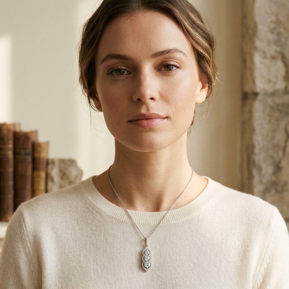 3 Stone Vertical Pendant with Minaret Tips in 14K White Gold - lifestyle