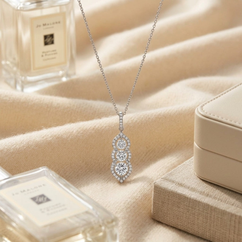 3 Stone Vertical Pendant with Minaret Tips in 14K White Gold - flat lay