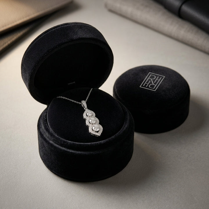 3 Stone Vertical Pendant with Minaret Tips in 14K White Gold - presentation