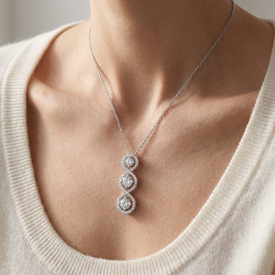 Natural Diamond Round Brilliant Pendant in 14K White Gold, worn close-up portrait