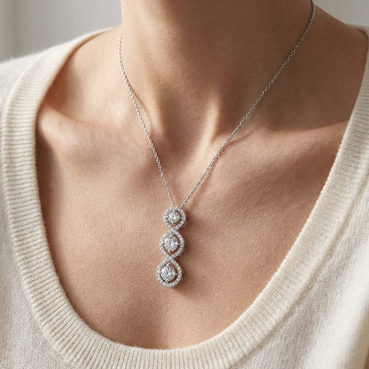 Natural Diamond Round Brilliant Pendant in 14K White Gold, worn close-up portrait