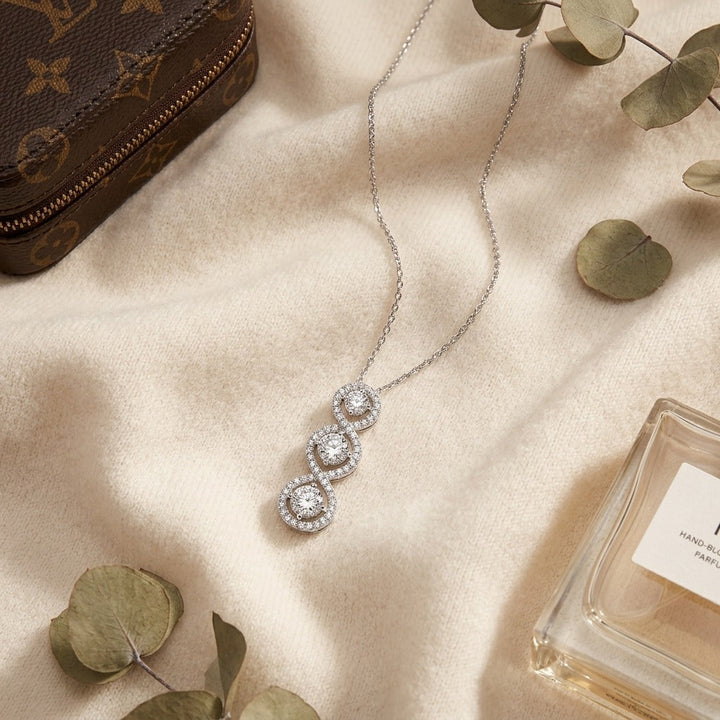 Pave Vertical Triple Infinity 3 Stone Pendant in 14K White Gold - flat lay