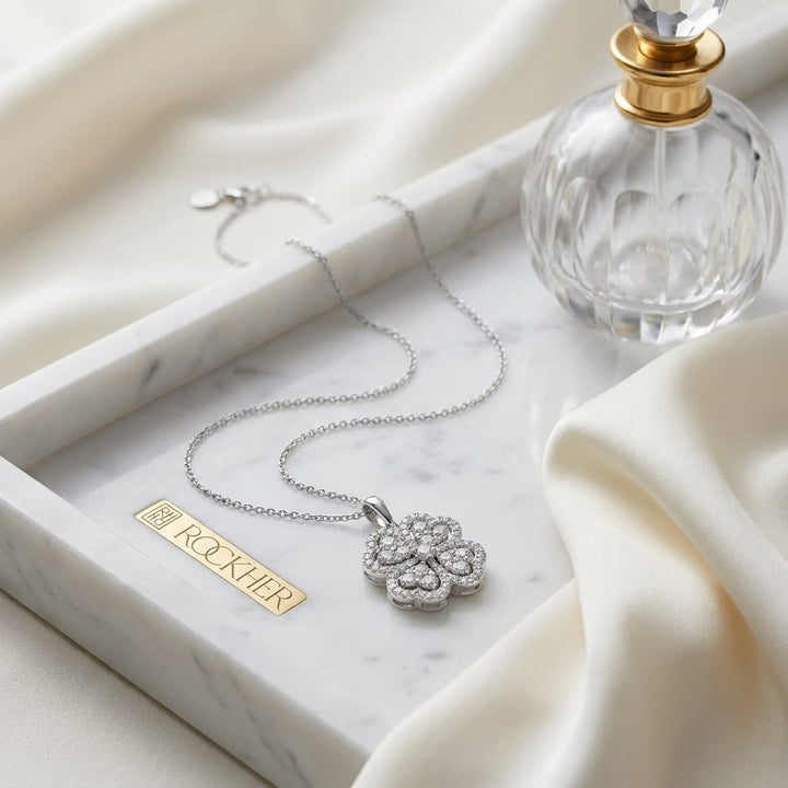 Natural Diamond Round Brilliant Pendant in 14K White Gold, on marble vanity tray with silk