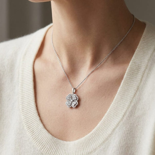 Natural Diamond Round Brilliant Pendant in 14K White Gold, worn close-up portrait