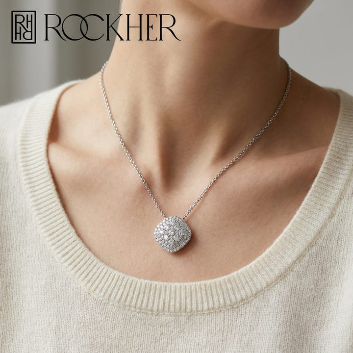 Natural Diamond Cushion Pendant in 14K White Gold, worn close-up portrait
