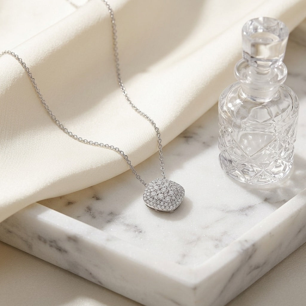 Diamond Micro-Prong Set Cushion Shape Pendant with Double Border in 14K White Gold - lifestyle