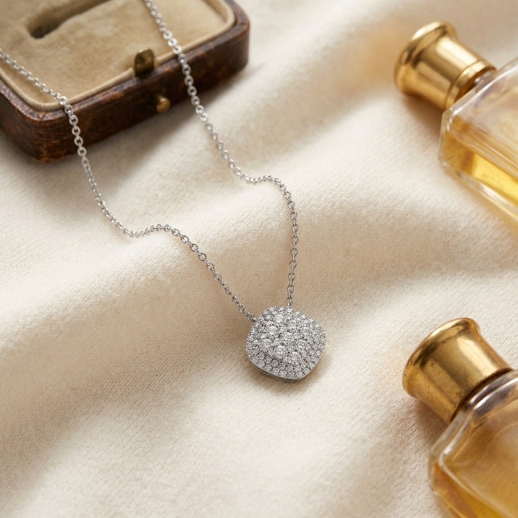 Diamond Micro-Prong Set Cushion Shape Pendant with Double Border in 14K White Gold - flat lay