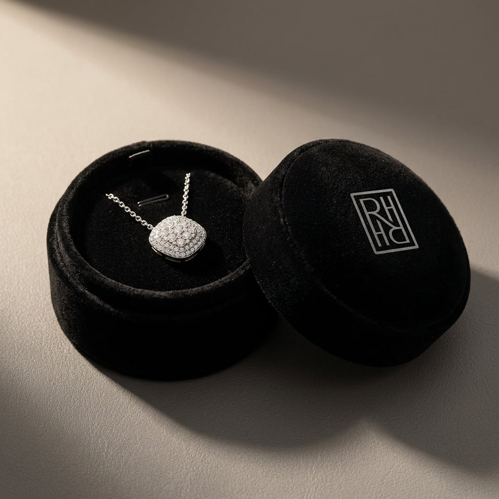 Diamond Micro-Prong Set Cushion Shape Pendant with Double Border in 14K White Gold - presentation