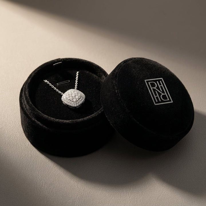 Diamond Micro-Prong Set Cushion Shape Pendant with Double Border in 14K White Gold - presentation
