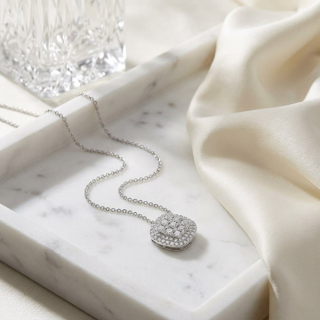 Natural Diamond Cushion Pendant in 14K White Gold, 1/2 ct. t.w., on marble vanity tray with silk