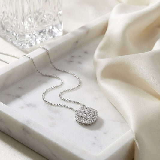 Natural Diamond Cushion Pendant in 14K White Gold, 1/2 ct. t.w., on marble vanity tray with silk