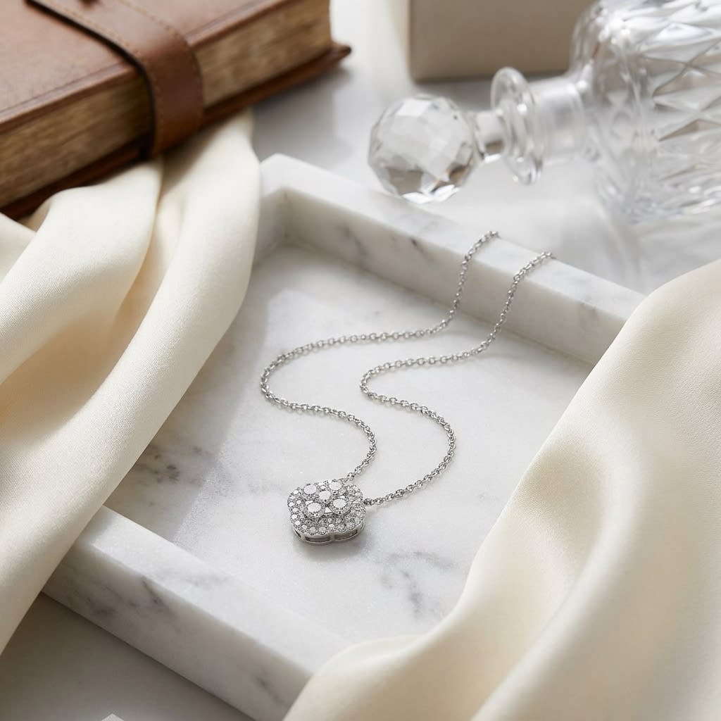 Natural Diamond Cushion Pendant in 14K White Gold, on marble vanity tray with silk
