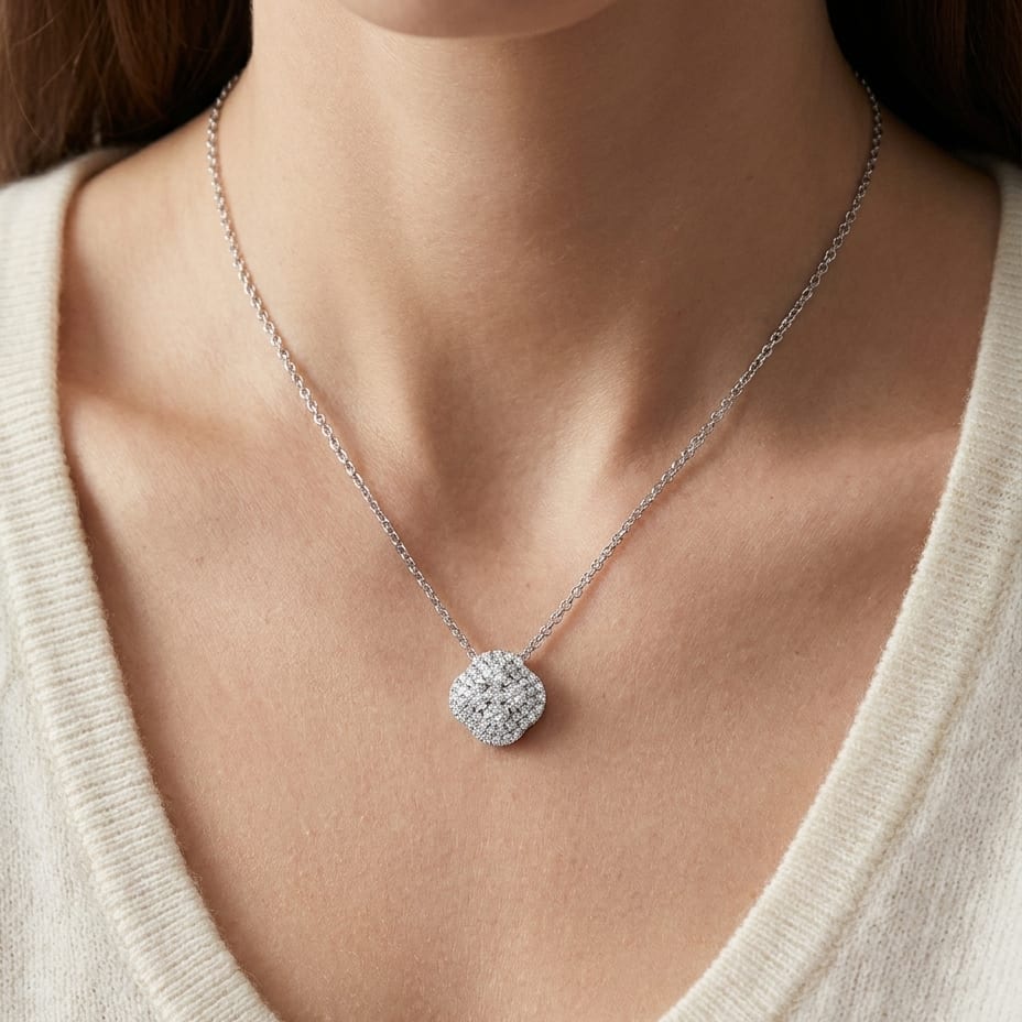 Natural Diamond Cushion Pendant in 14K White Gold, worn close-up portrait