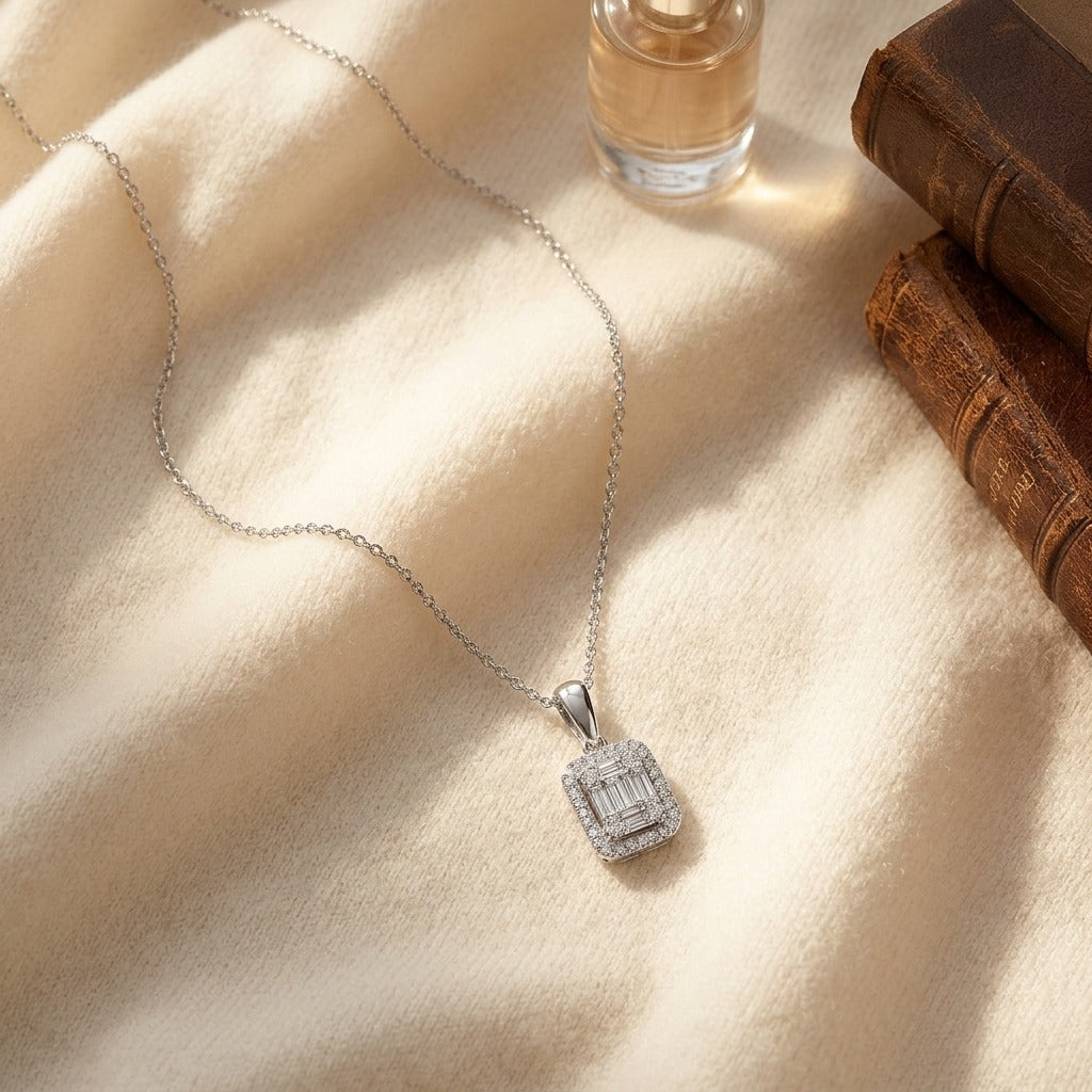 Diamond Baguette & Round Illusion Emerald-Cut Halo Pendant with Solid Bail in 14K White Gold - flat lay