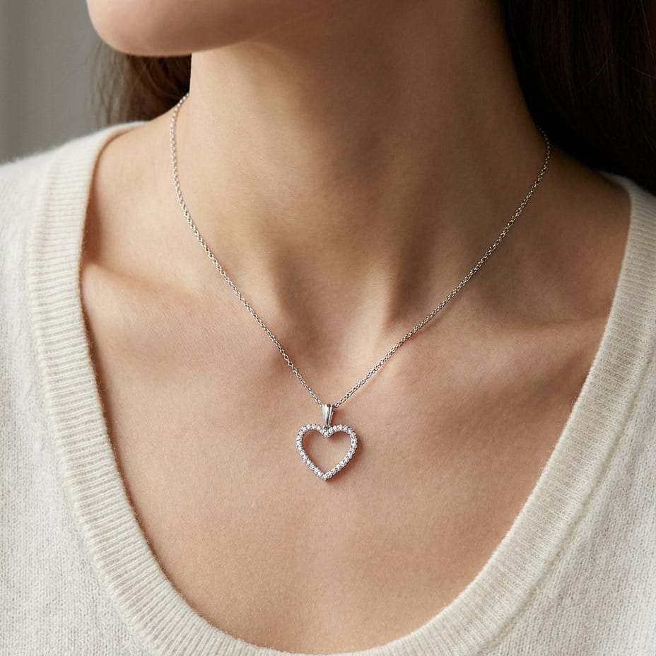 Natural Diamond Heart Shape Pendant in 14K White Gold, worn close-up portrait