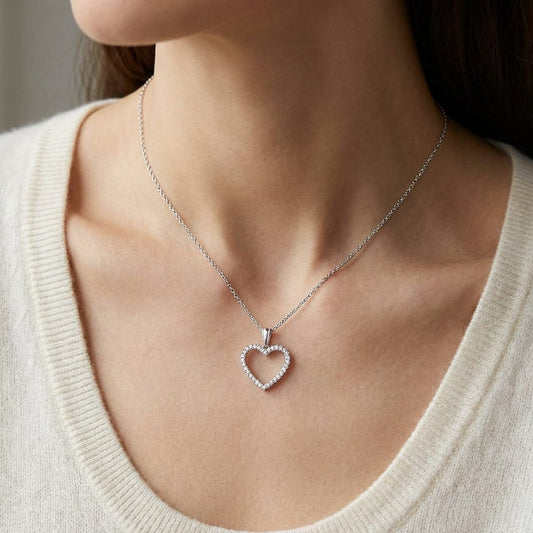 Natural Diamond Heart Shape Pendant in 14K White Gold, worn close-up portrait