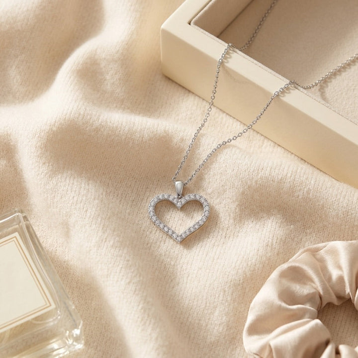 Diamond Heart Pendant with Textured Borders in 14K White Gold - flat lay