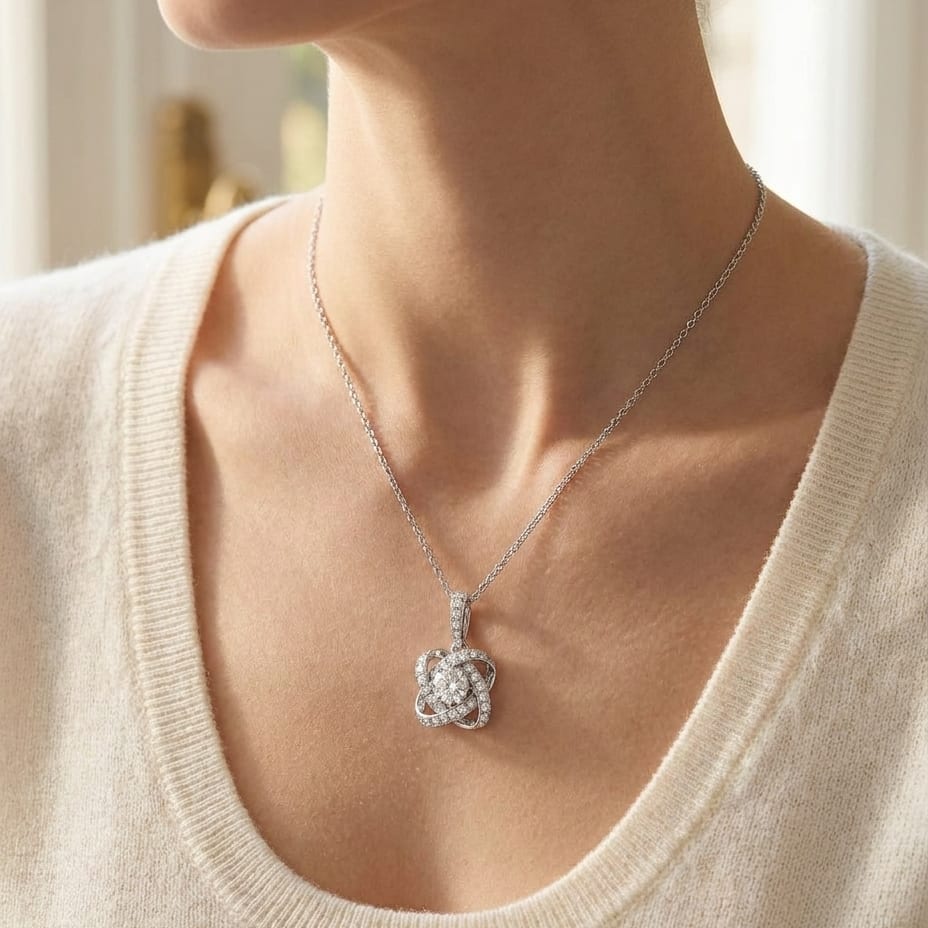 Round Diamond Cross Pavé Pendant in 14K White Gold, worn close-up portrait
