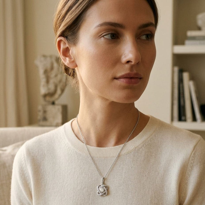 Diamond Pave Cross Knot Pendant with Round Center in 14K White Gold - lifestyle