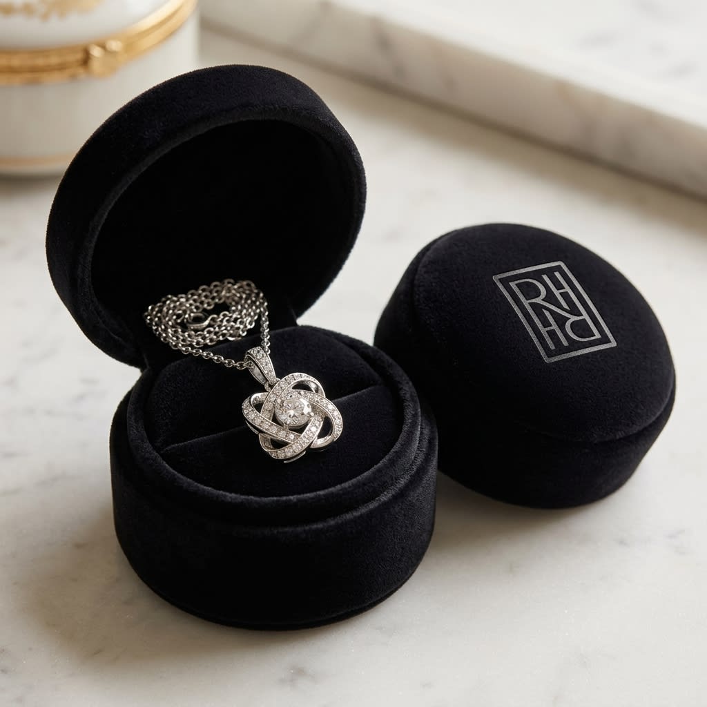 Round Diamond Cross Pavé Pendant in 14K White Gold, in navy velvet jewelry box