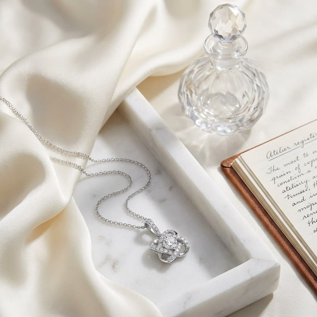 Natural Diamond Round Brilliant Pendant in 14K White Gold, on marble vanity tray with silk