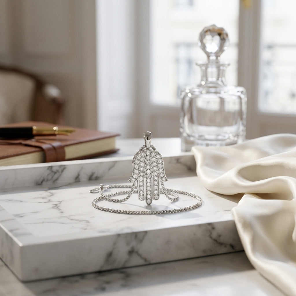 Diamond Pave Hamsa Pendant in 14K White Gold - lifestyle